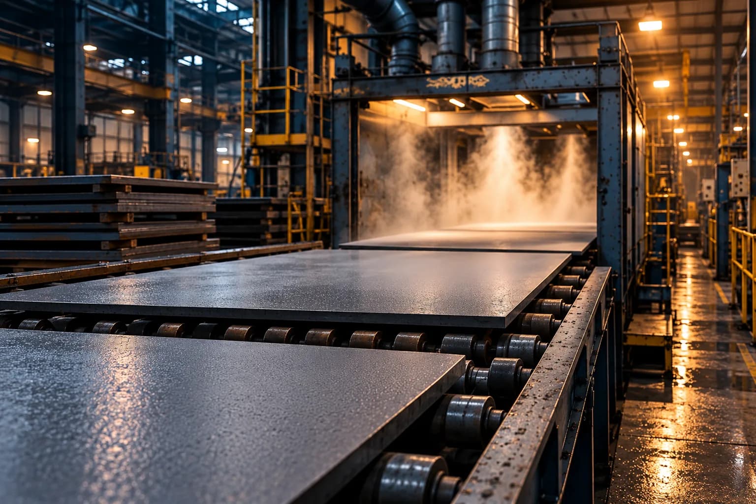 Steel plates on a shot-blasting line inside a fabrication plant