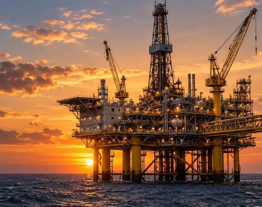 Offshore platform structure and cranes at sunset